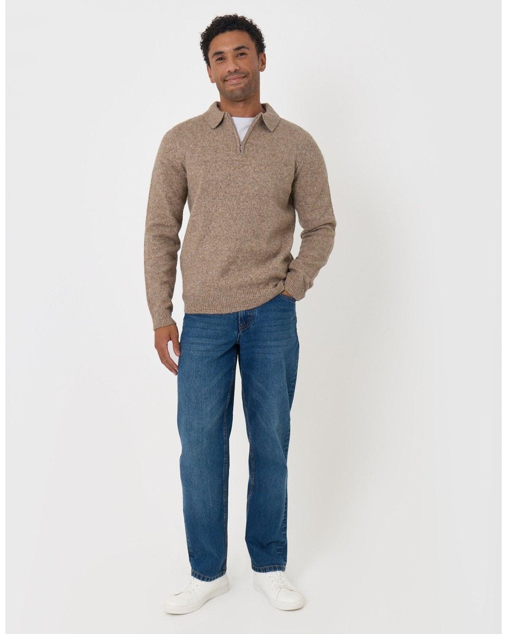 Threadbare Natural Faux Wool Quarter Zip Polo Jumper for men