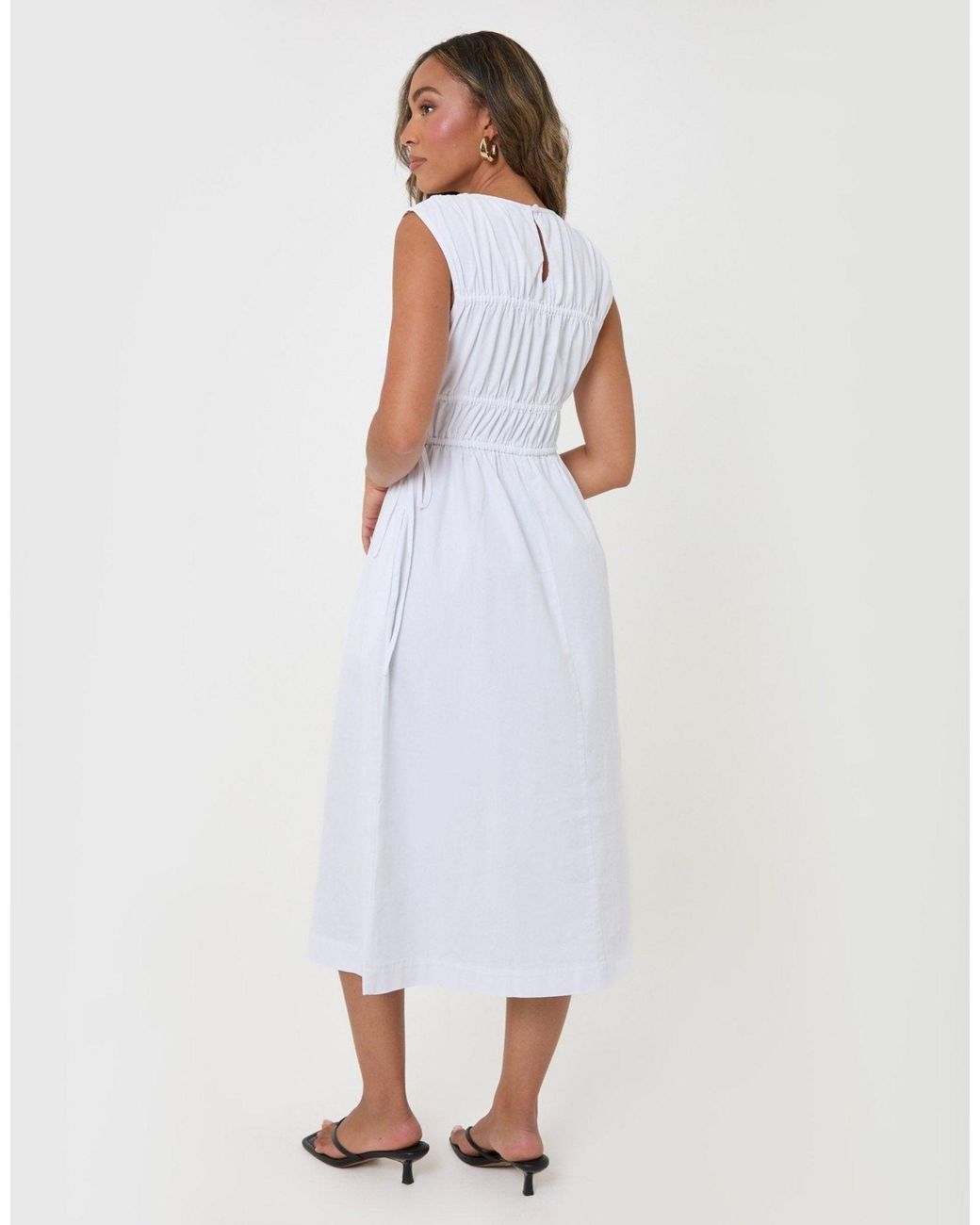 Threadbare White Shirred Denim Drawstring Waist Midaxi Dress