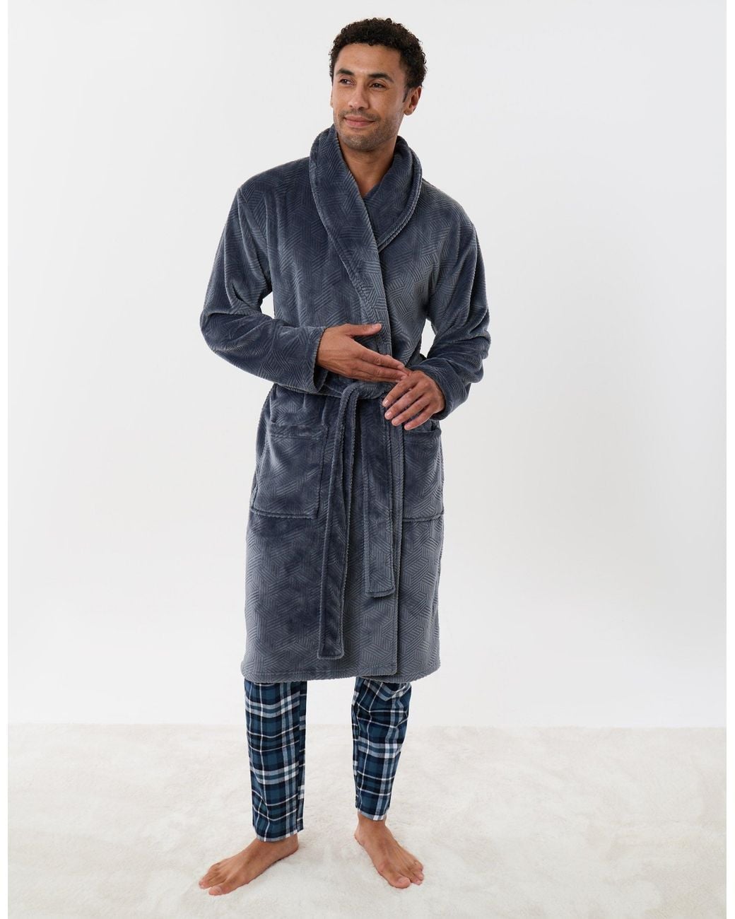 Threadbare Blue Textured Fleece Dressing Gown for men