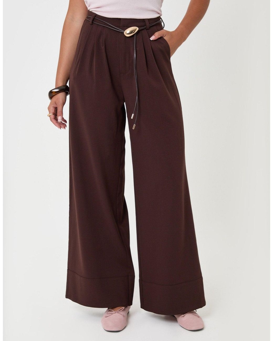 Threadbare Brown Pleated Wide Leg Trousers With Faux Leather Belt