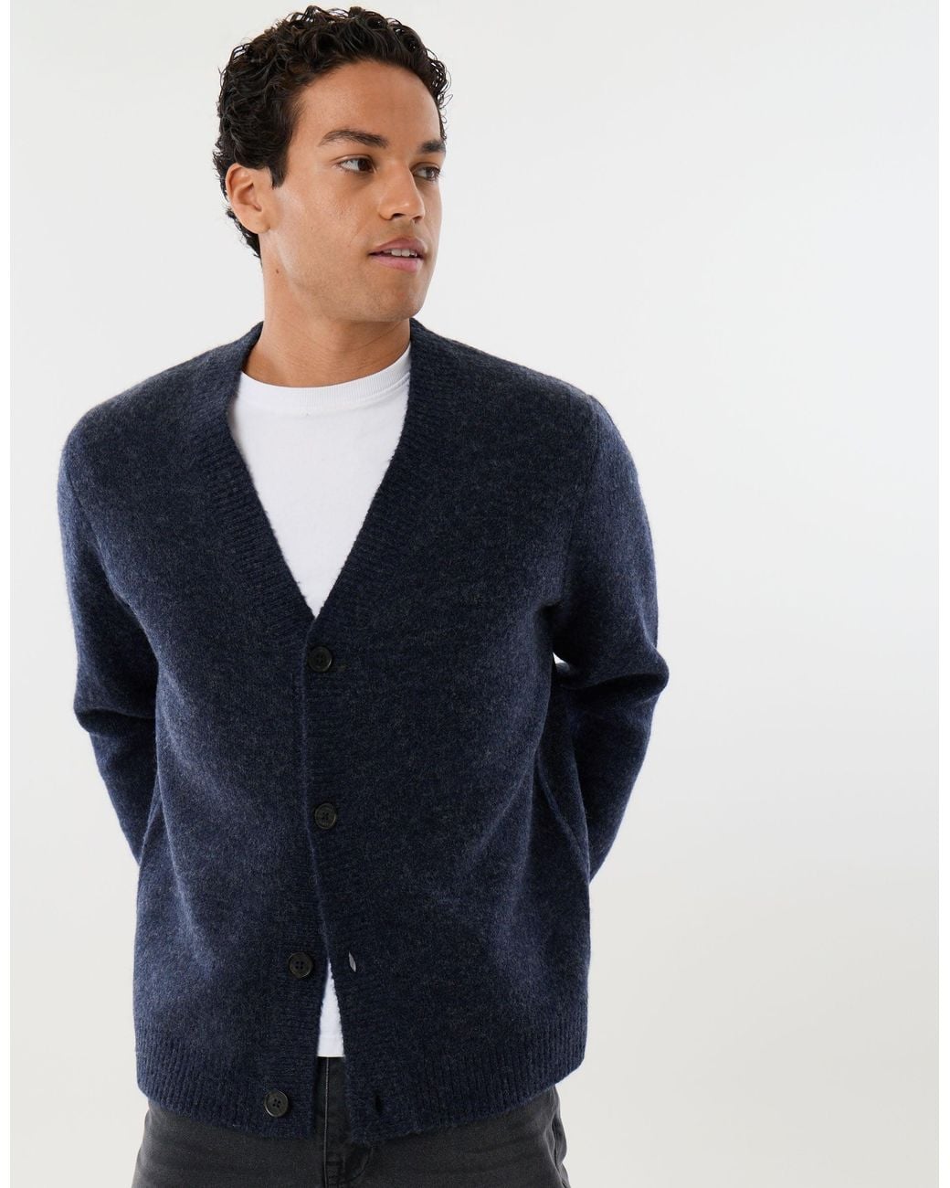 Threadbare Blue Relaxed Fit Wool Blend V Neck Cardigan for men