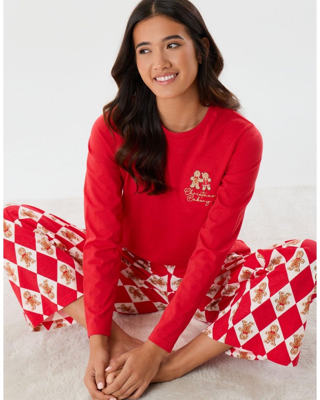 Threadbare Red Cotton Gingerbread Print Christmas Pyjama Set