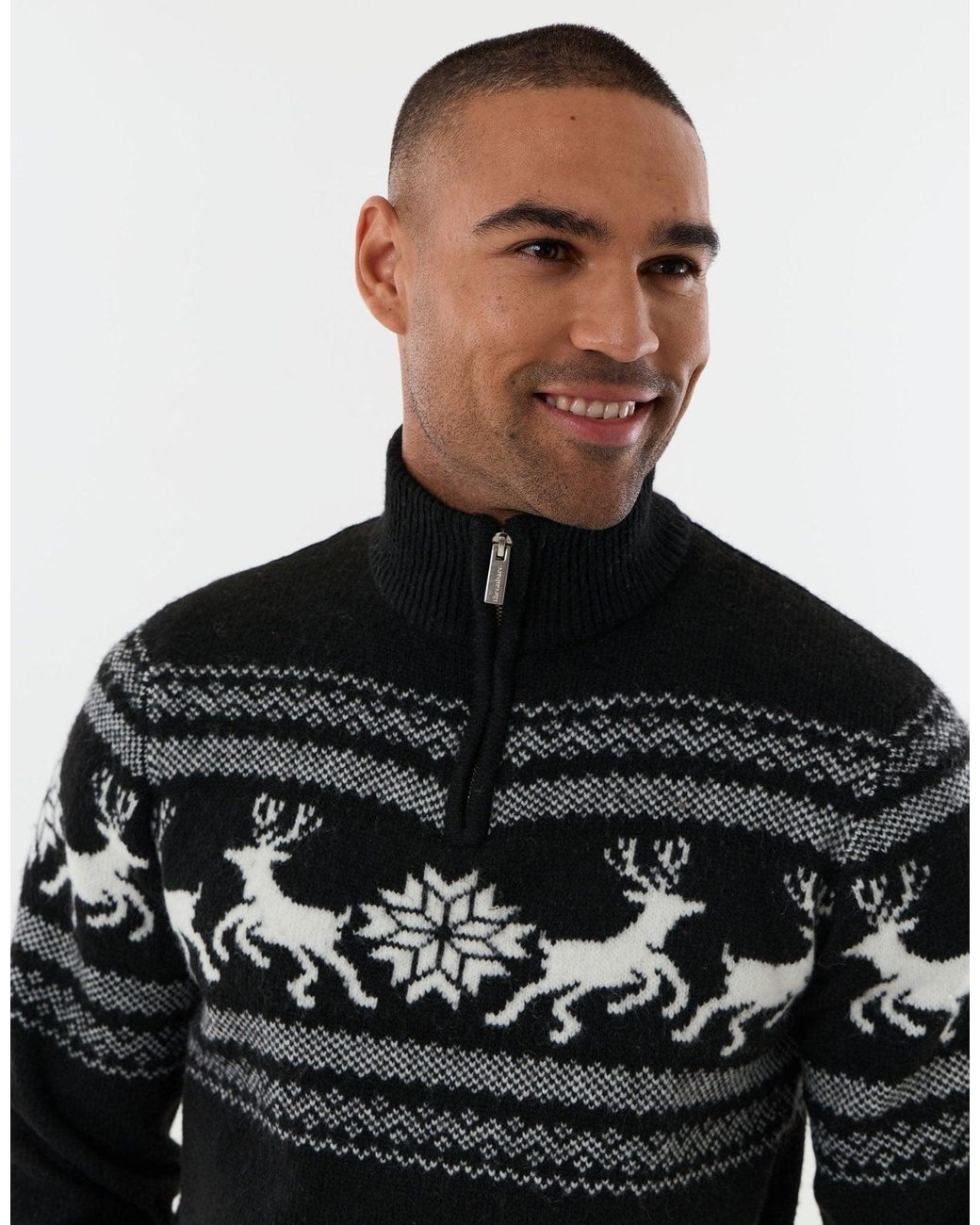 Threadbare Black Reindeer Fairisle Christmas Jumper for men