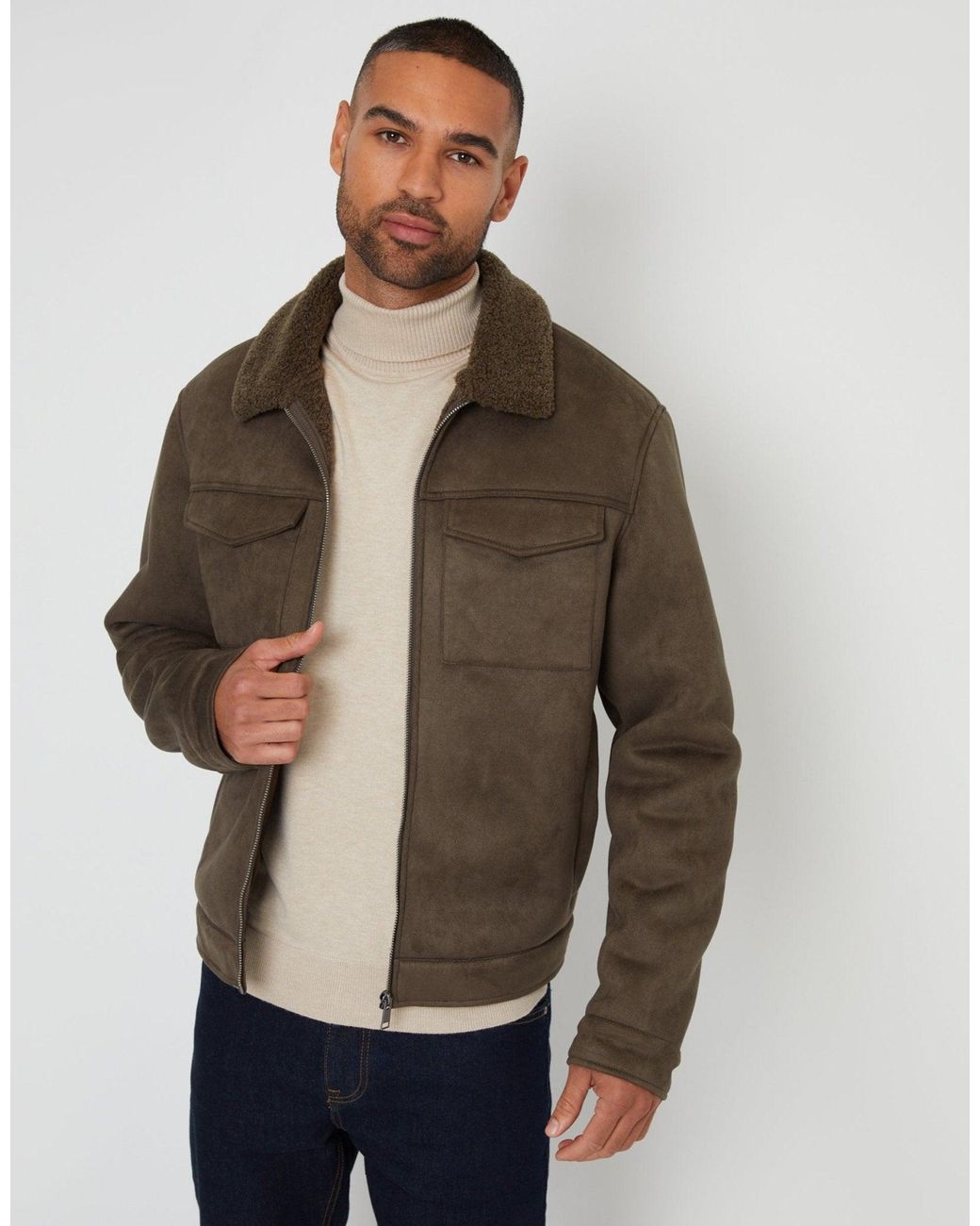 Threadbare Brown Faux Suede Borg Lined Aviator Jacket for men