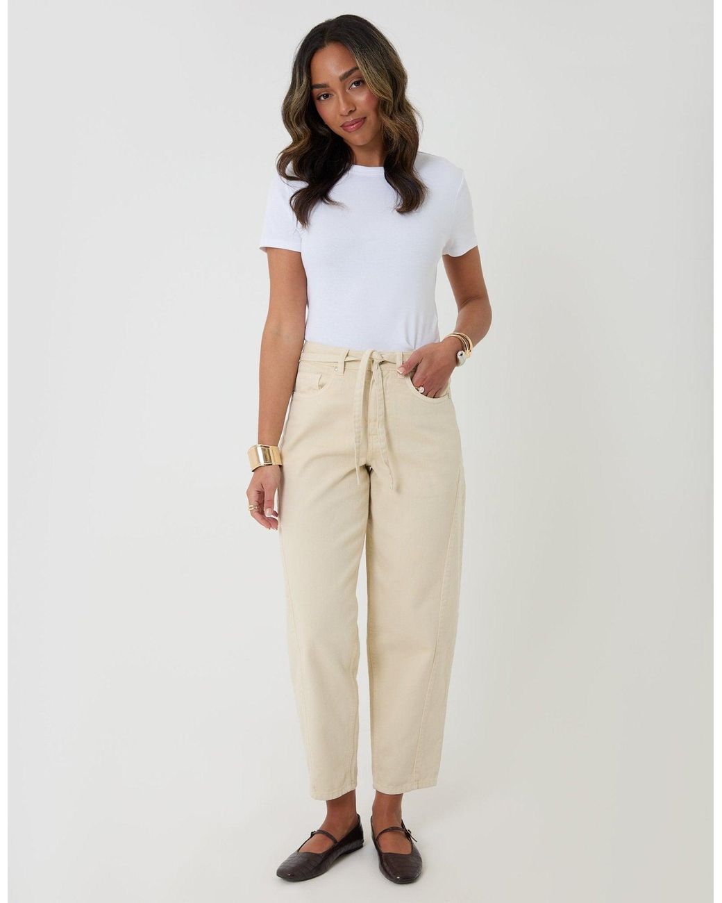 Threadbare Natural Petite Belted Barrel Leg Jeans