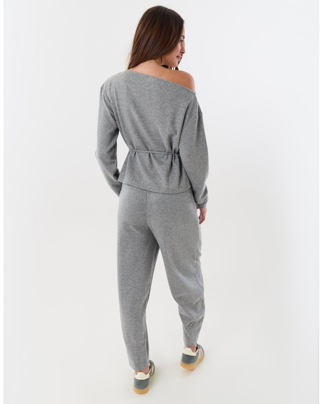 Threadbare Gray Ribbed Slash Neck Top & Wide Leg Trousers Co-Ord