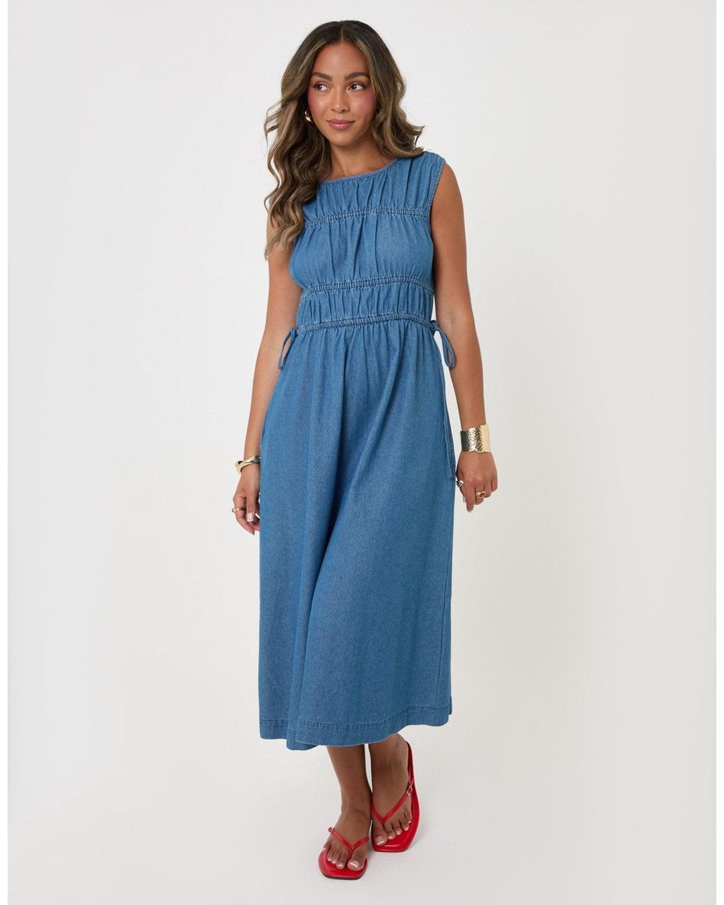 Threadbare Blue Shirred Denim Drawstring Waist Midaxi Dress