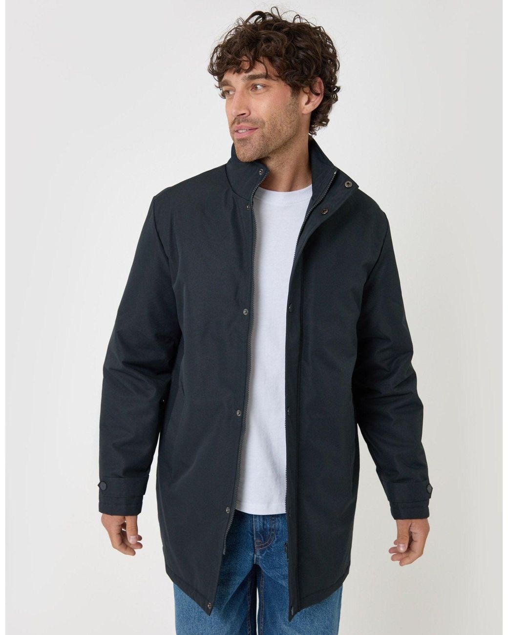 Threadbare Blue Longline Showerproof Funnel Neck Coat for men