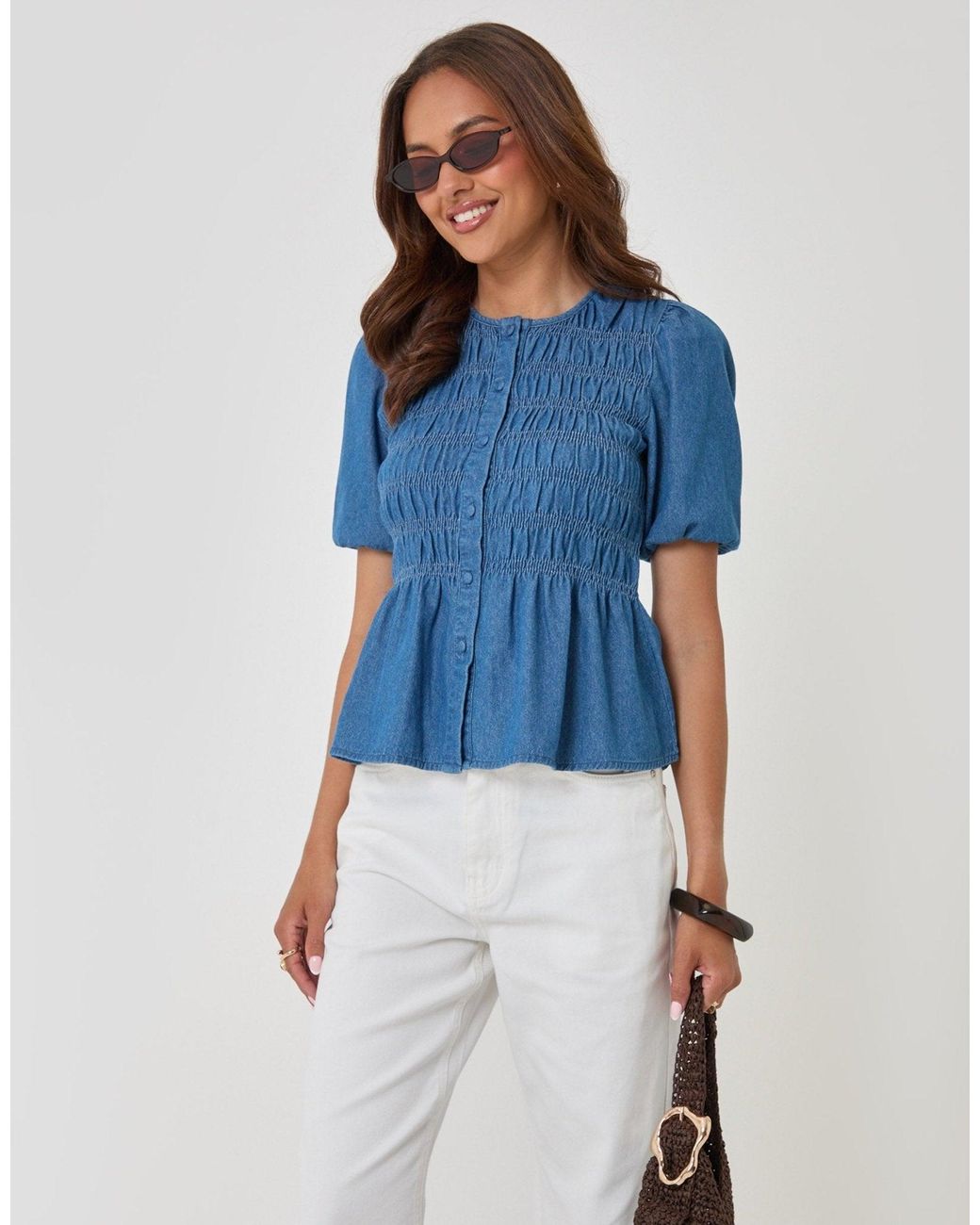 Threadbare Blue Denim Short Sleeve Smock Blouse