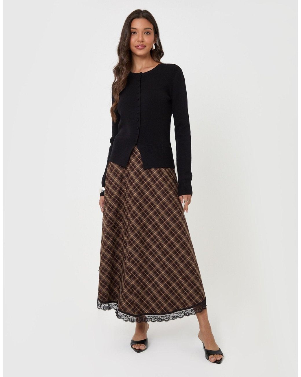 Threadbare Brown Asymmetric Lace Trim Midaxi Skirt