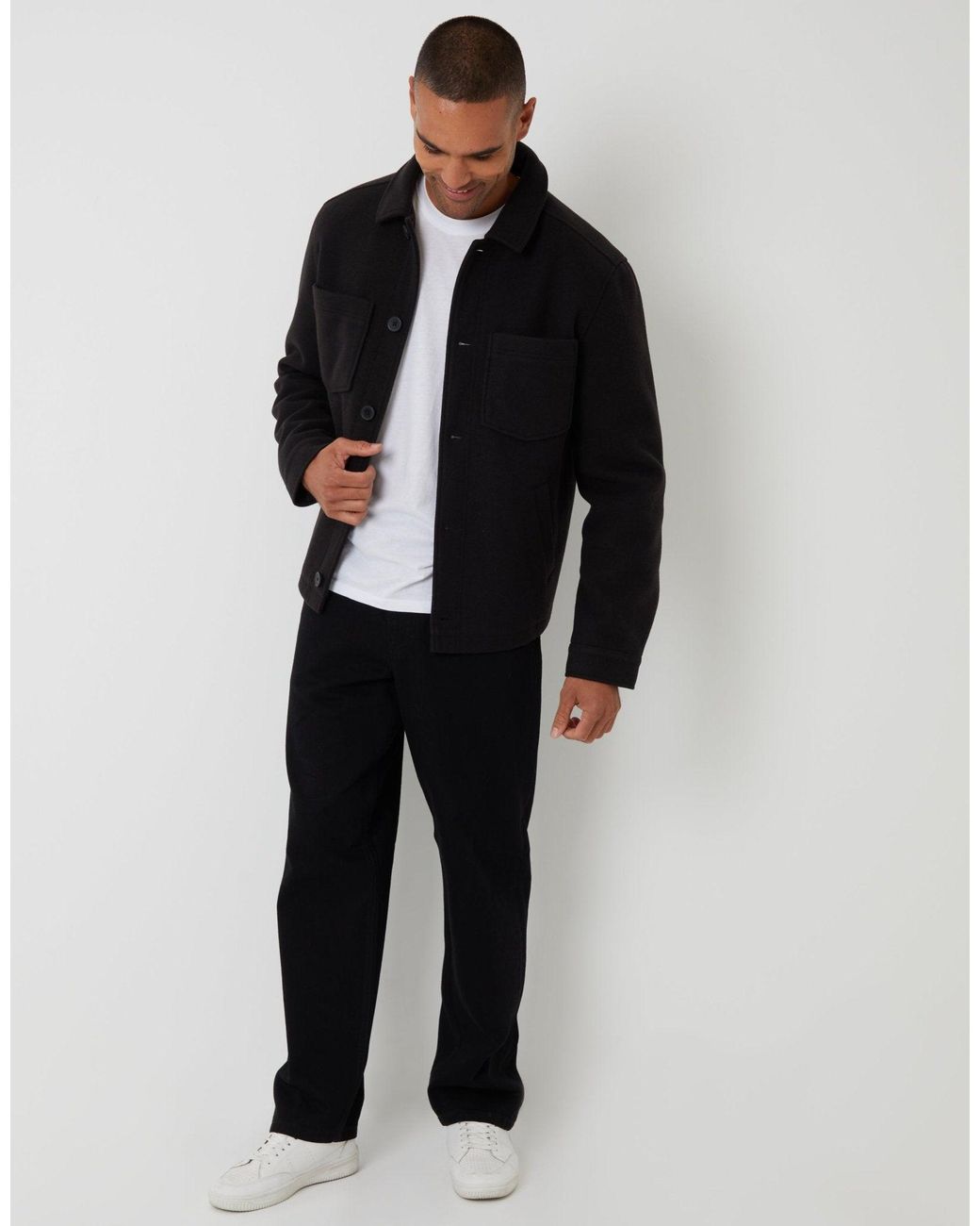 Threadbare Black Faux Wool Button Up Quilted Shacket for men