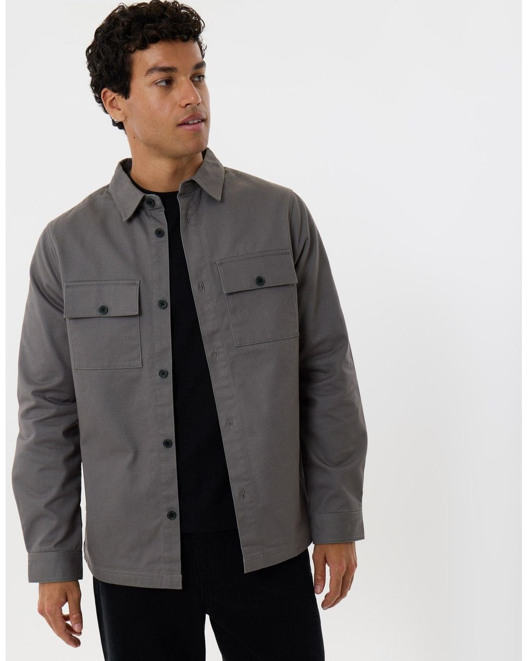 Threadbare Gray Cotton Twill Flannel Lined Shacket for men