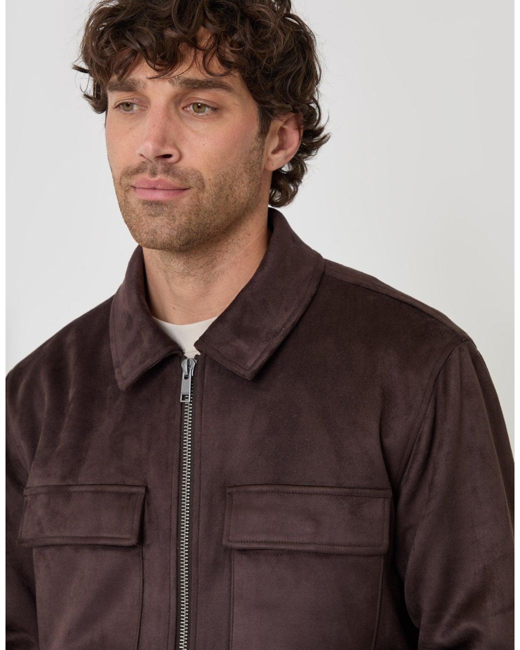 Threadbare Brown Faux Suede Collared Jacket for men
