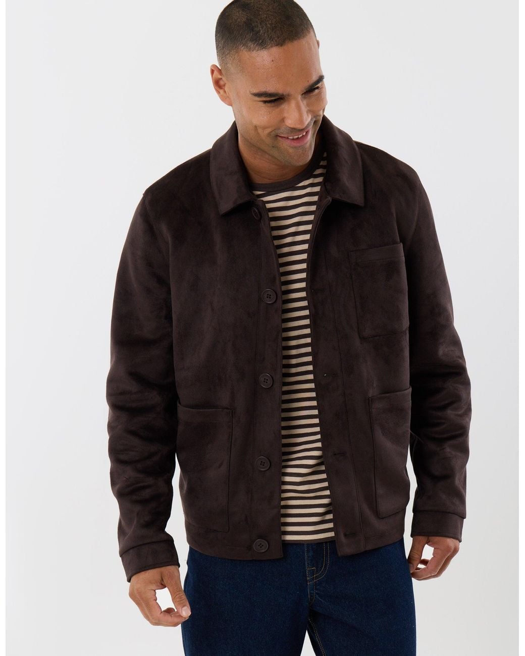 Threadbare Black Faux Suede Button Up Collared Jacket for men
