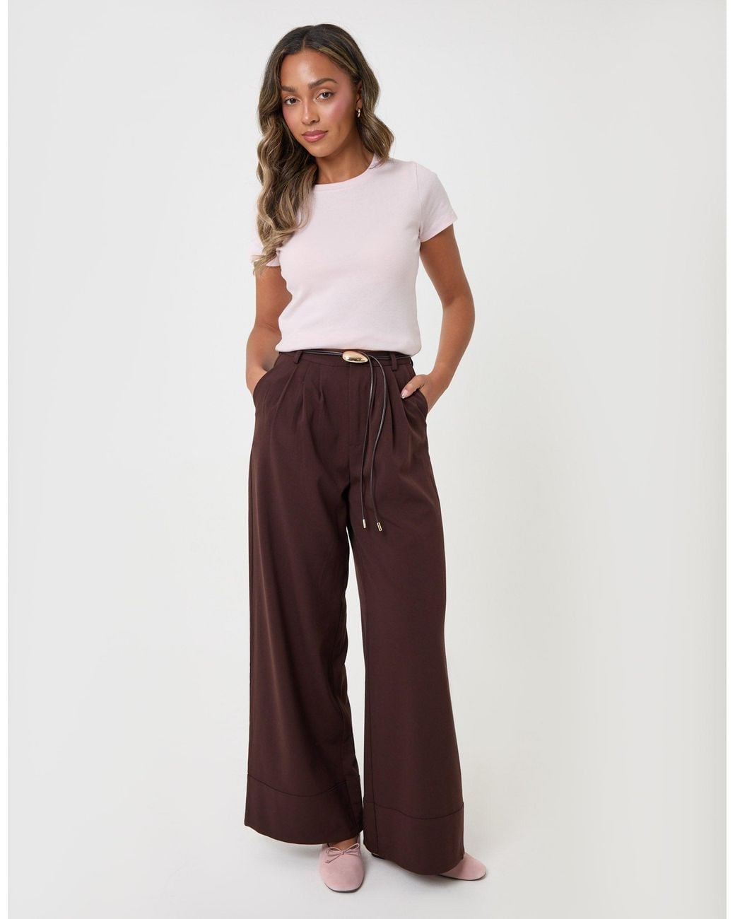 Threadbare Brown Petite Pleated Wide Leg Trousers