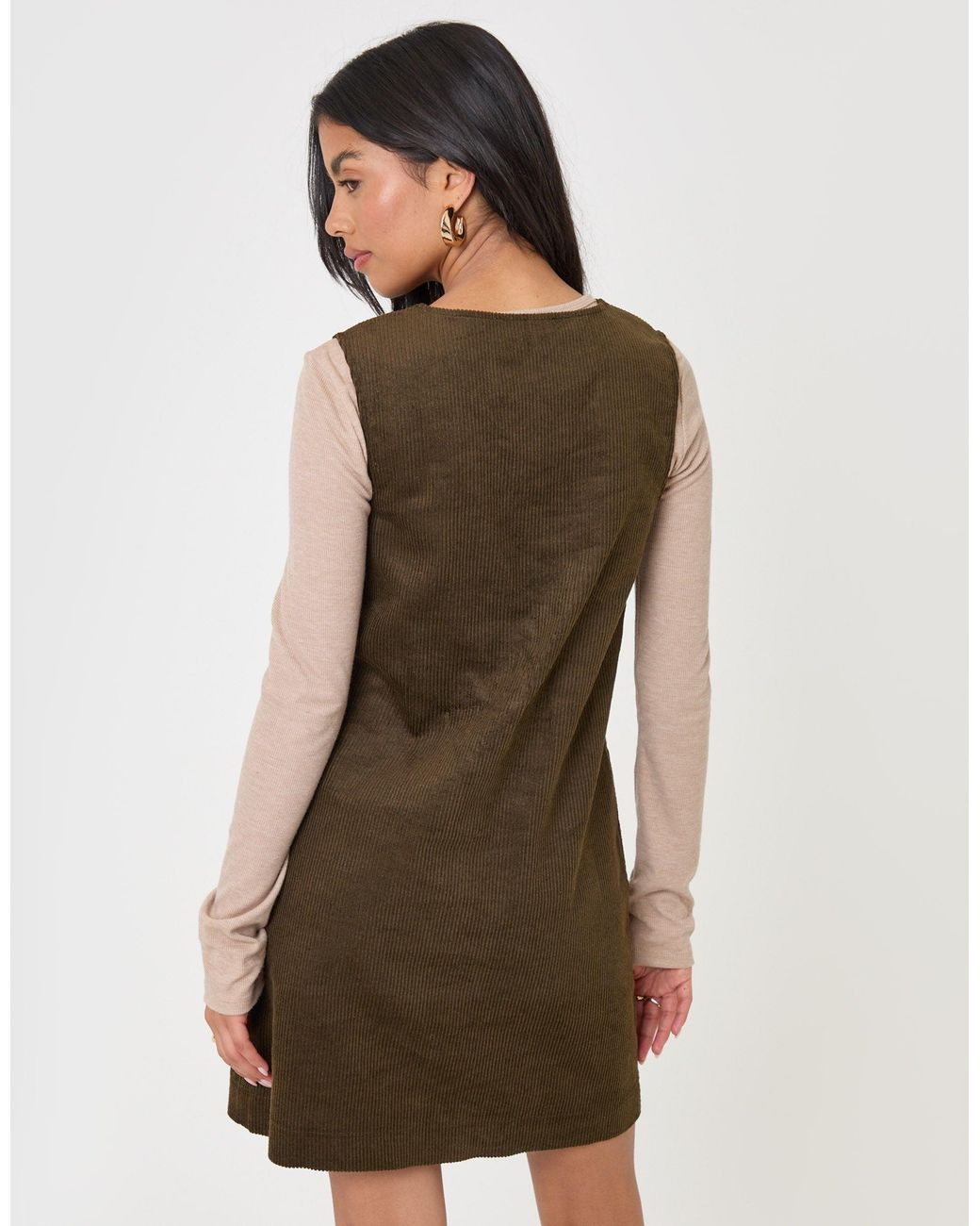 Threadbare Natural Corduroy V Neck Mini Dress