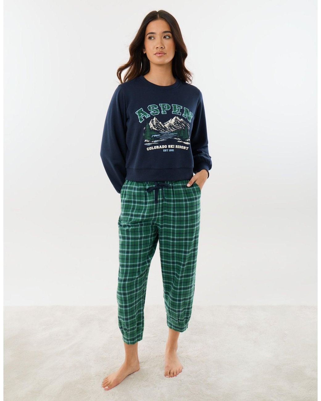 Threadbare Green Sweatshirt & Barrel Leg Trousers Pyjama Set