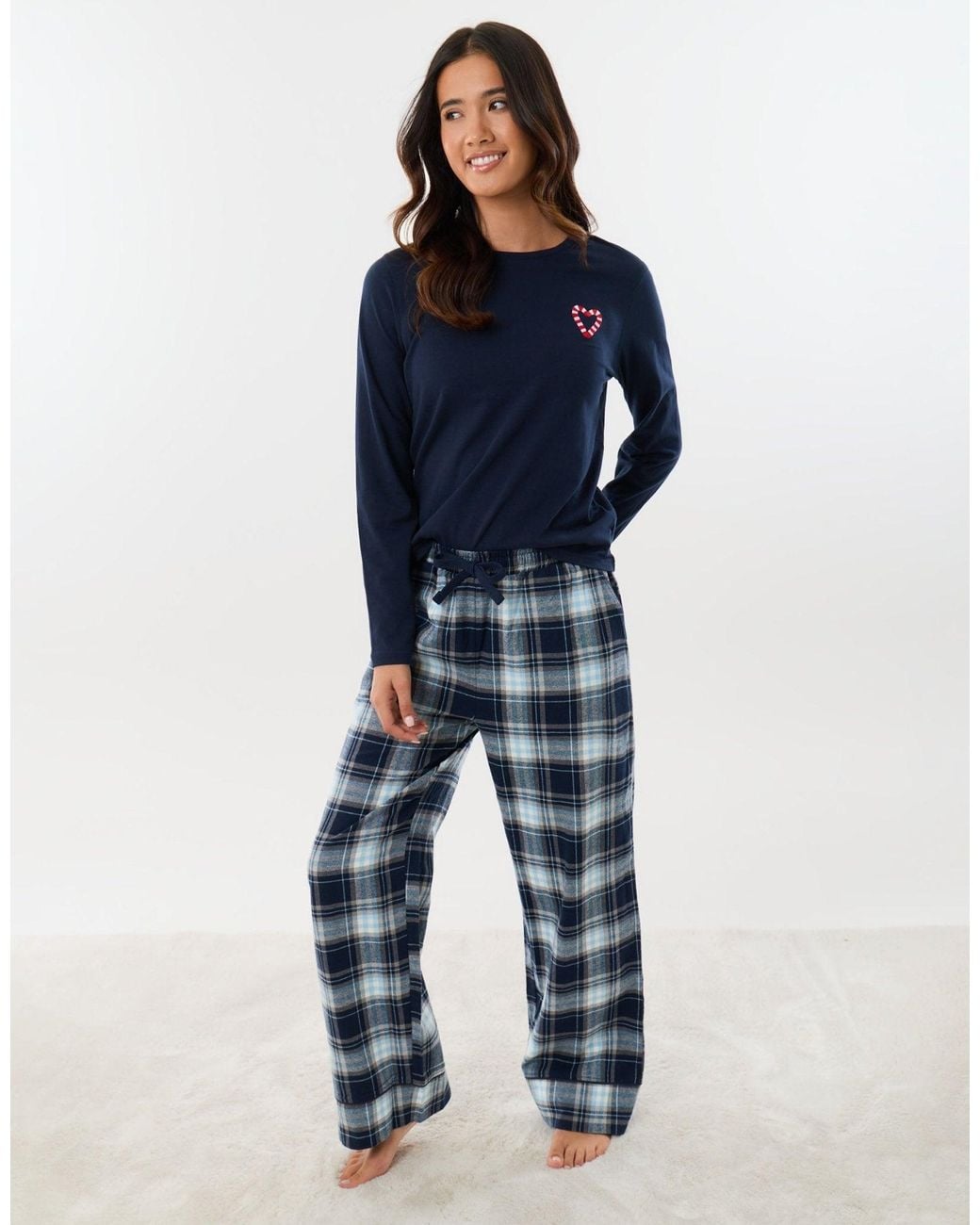 Threadbare Blue Cotton Embroidered Candy Cane Christmas Pyjama Set