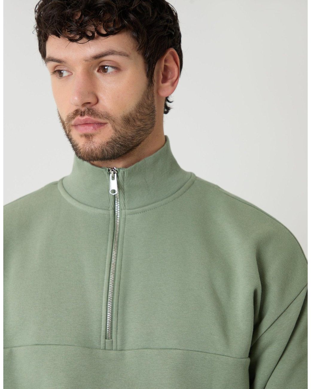 Threadbare Green Relaxed Fit Half Zip Sweatshirt for men