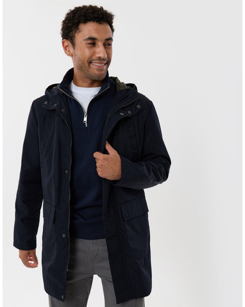 Threadbare Blue Showerproof Hooded Longline Mac With Patch Pockets for men