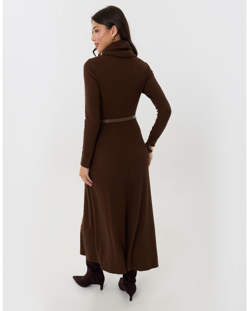 Threadbare Brown Ribbed Roll Neck Maxi Dress With Belt