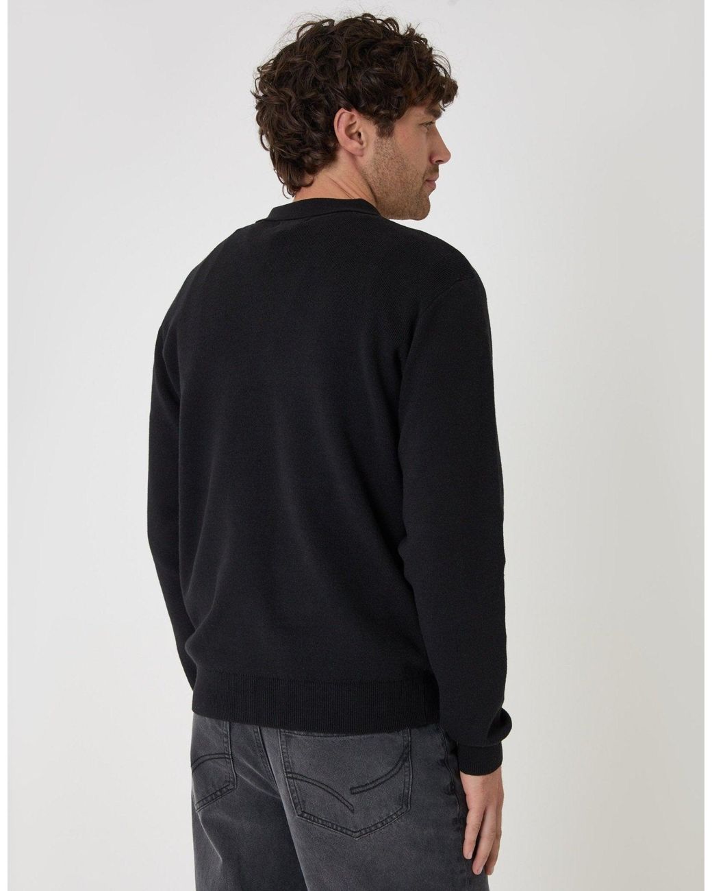 Threadbare Black Cotton Rich Quarter Zip Long Sleeve Polo for men