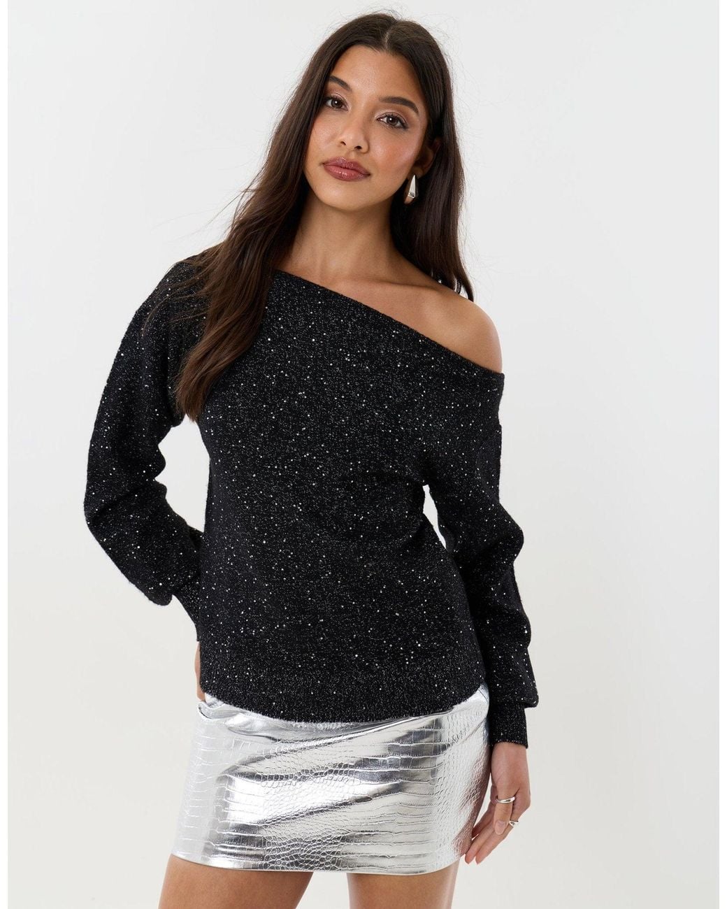 Threadbare Black Knitted Sequin Slash Neck Jumper