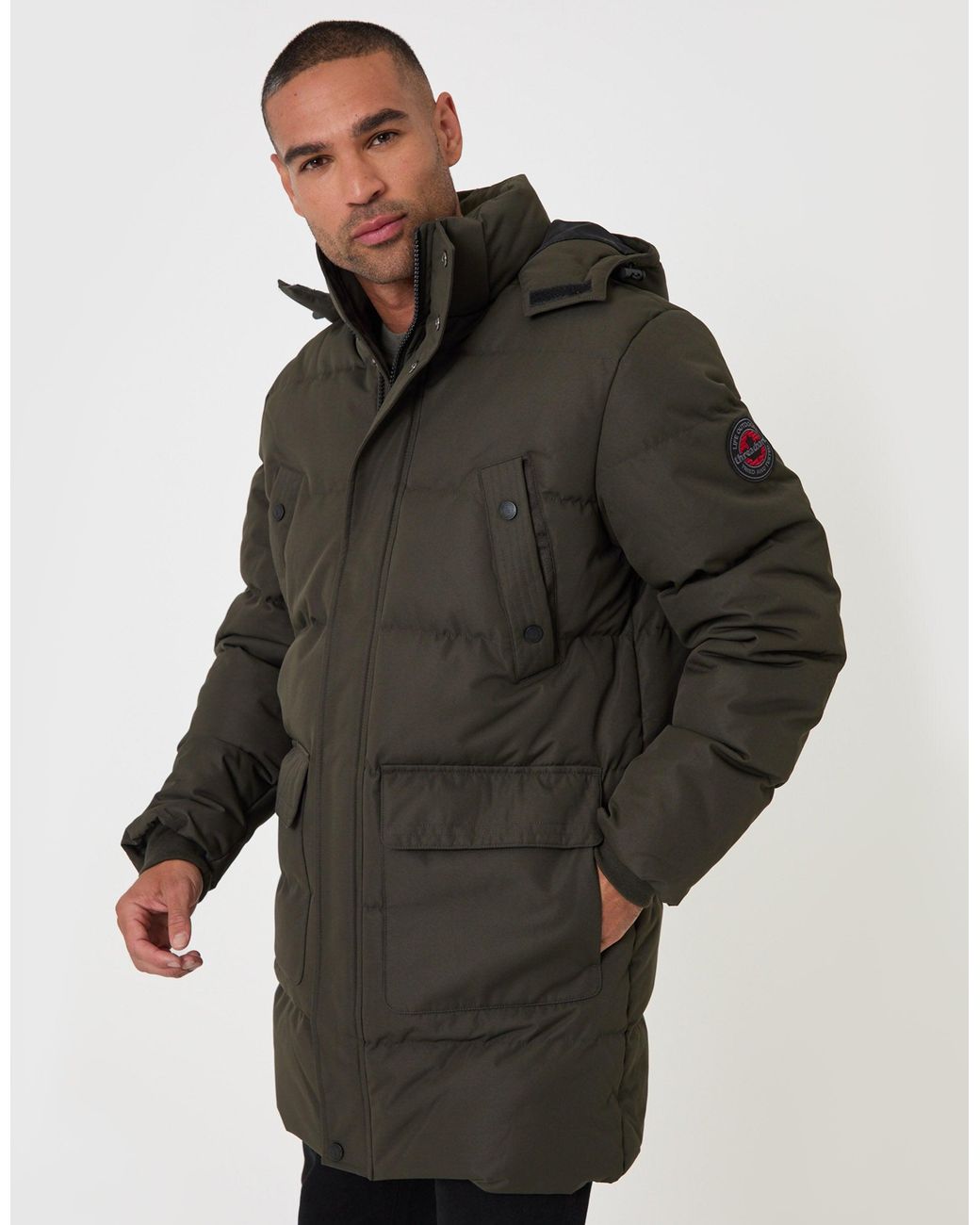 Threadbare Gray Showerproof Hooded Puffer Coat With Adjustable Waist for men