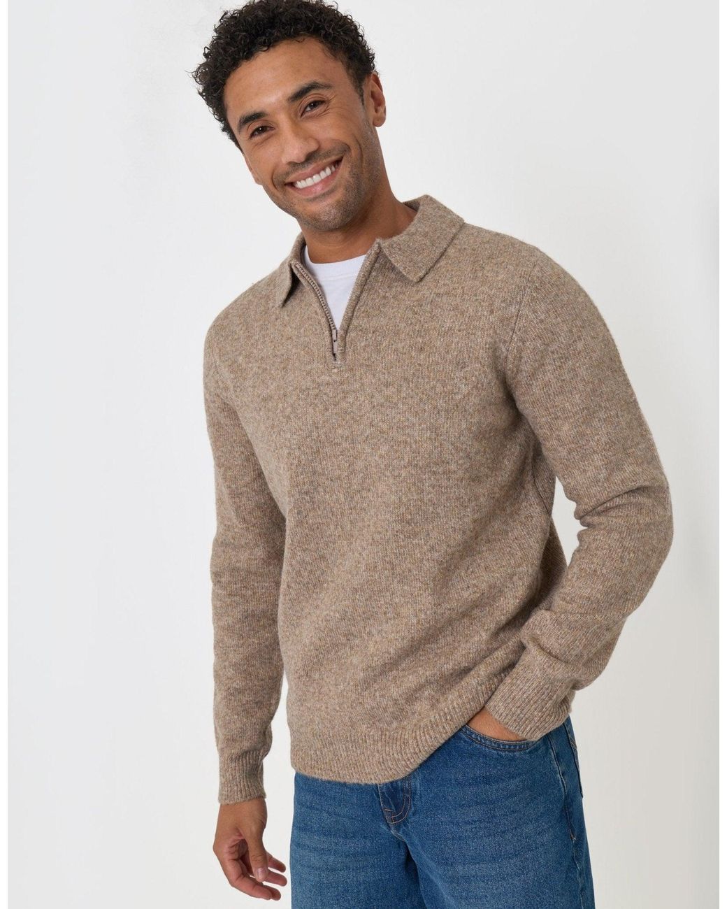 Threadbare Natural Faux Wool Quarter Zip Polo Jumper for men