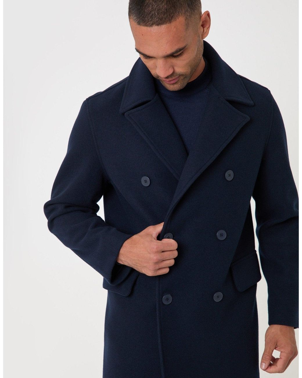 Threadbare Blue Faux Wool Double Breasted Trench Coat for men