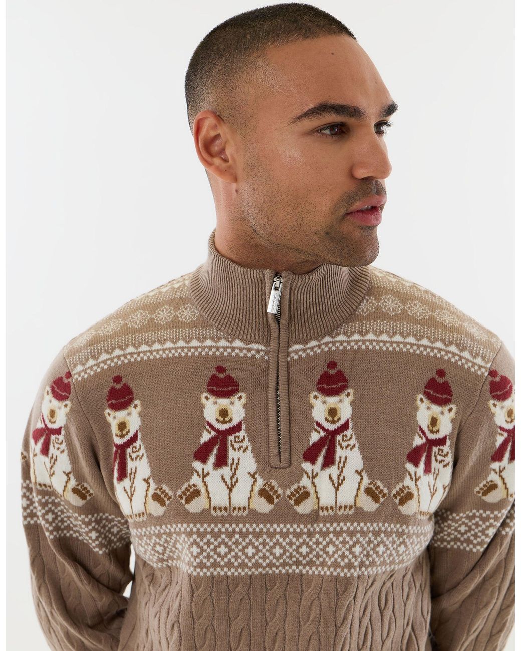 Threadbare Brown Christmas Bear Fairisle Quarter Zip Jumper for men
