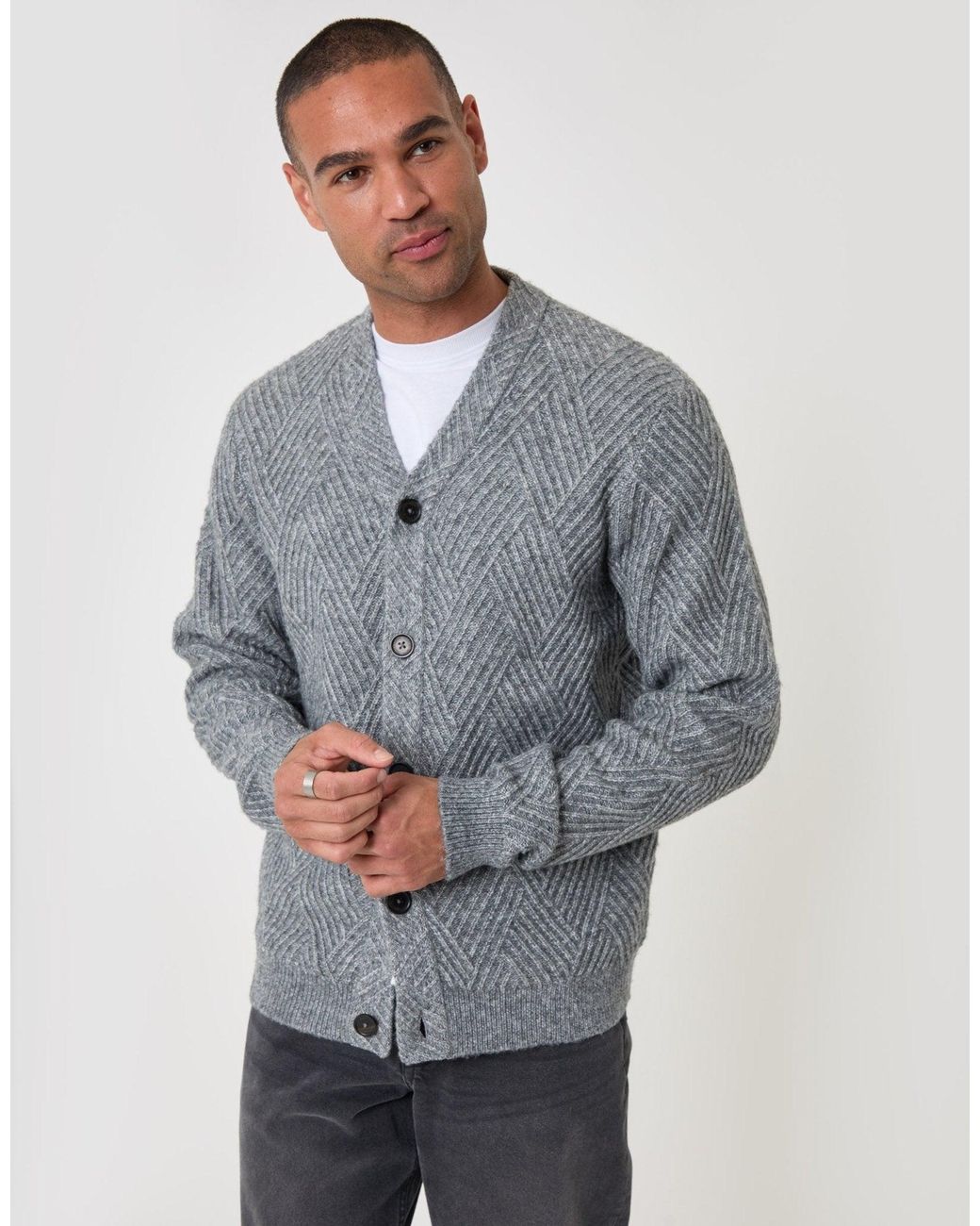 Threadbare Gray Textured Stitch V Neck Cardigan for men