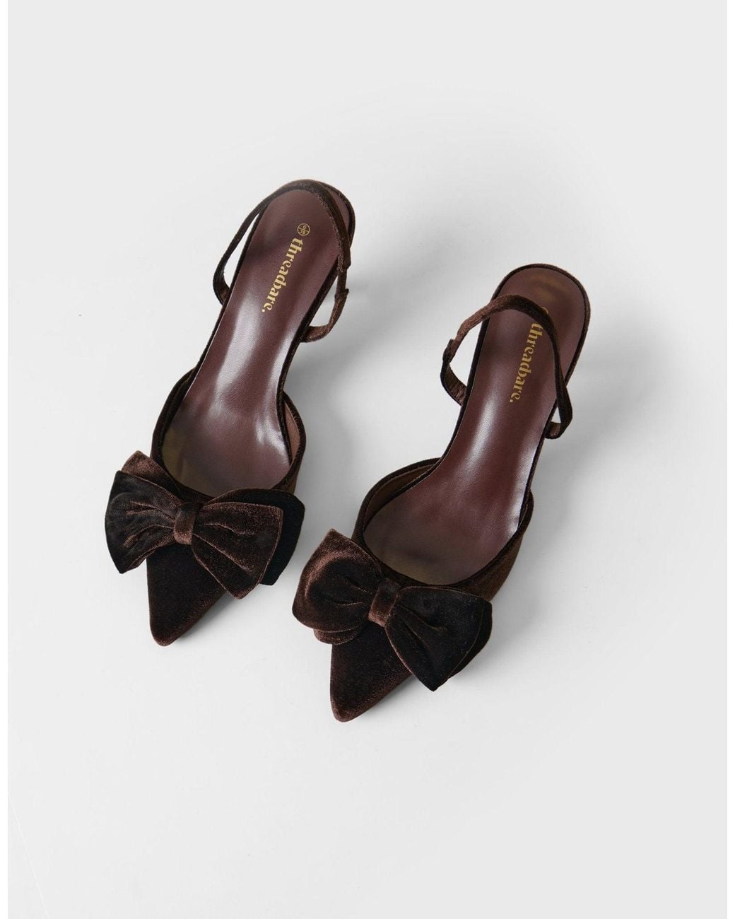 Threadbare Brown Velvet Bow Kitten Heels