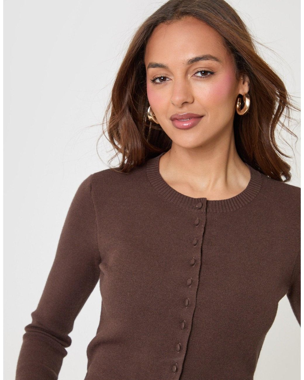 Threadbare Brown Crew Neck Compact Knitted Cardigan