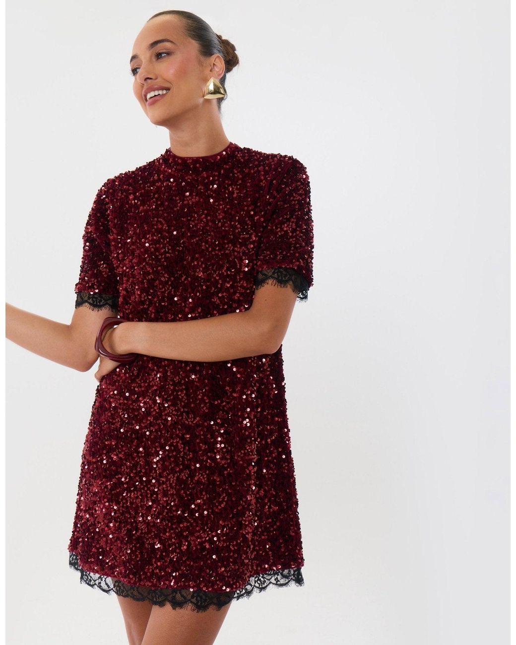 Threadbare Red High Neck Sequin Mini Dress