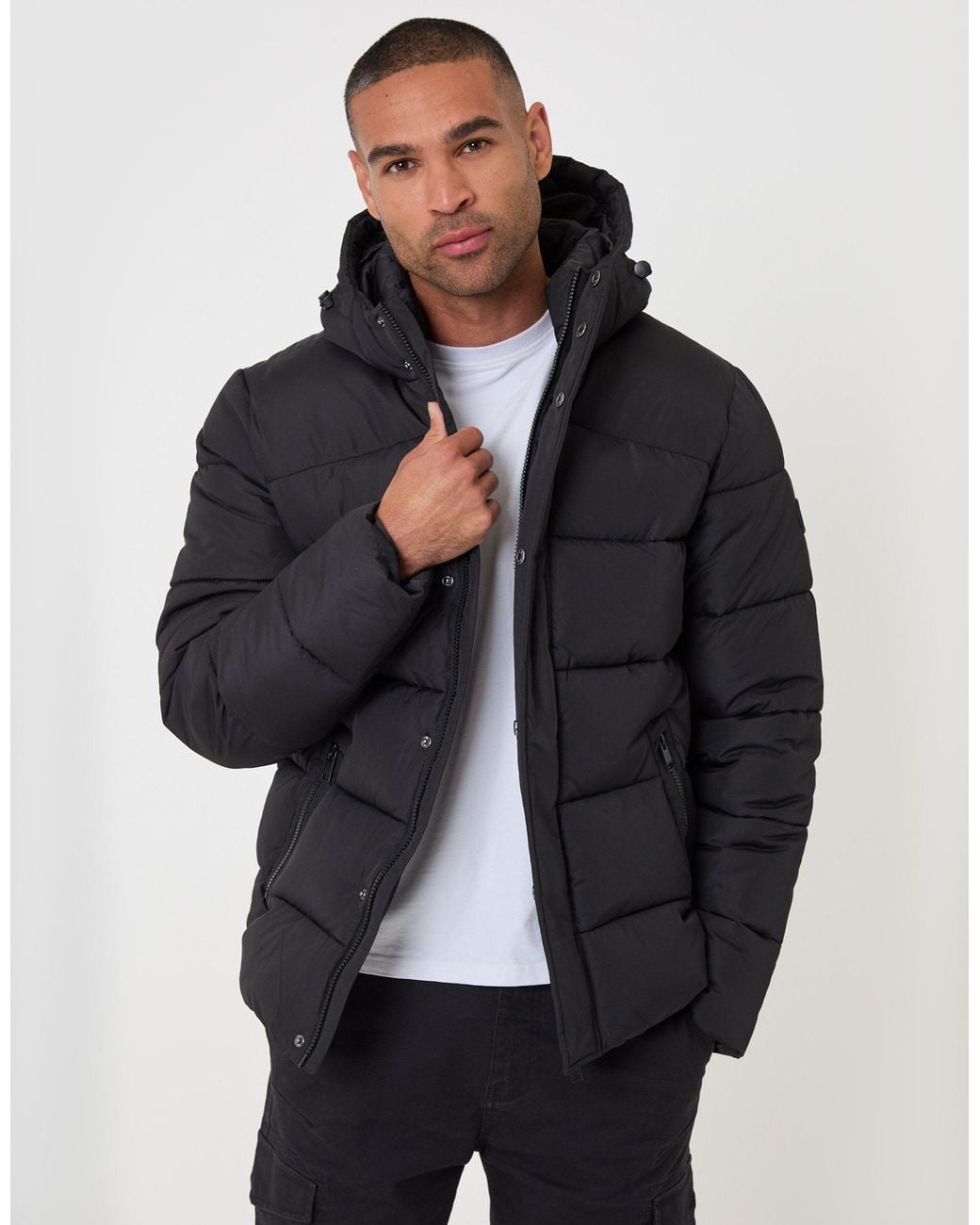 Threadbare Black The Staple Showerproof Puffer Coat for men