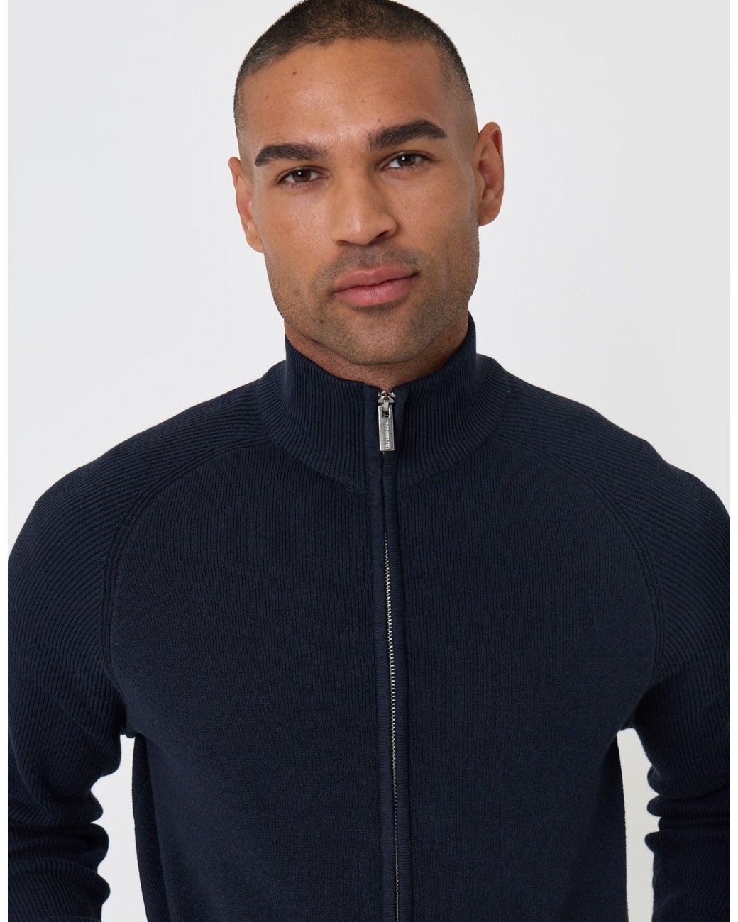 Threadbare Blue Knitted Zip Up Funnel Neck Cardigan for men
