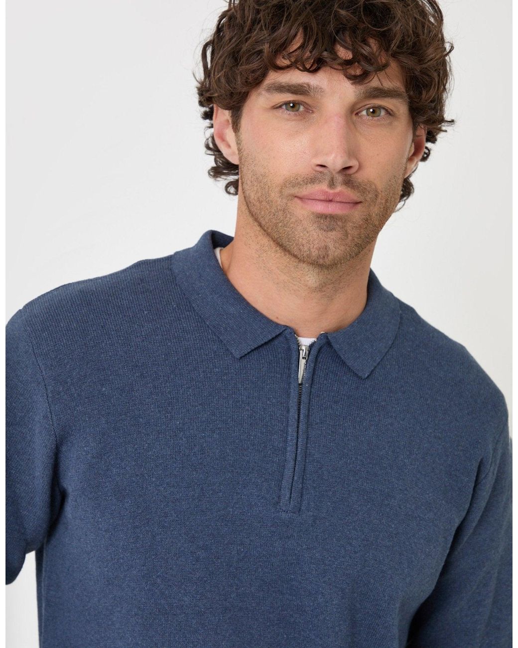 Threadbare Blue Cotton Rich Quarter Zip Long Sleeve Polo for men