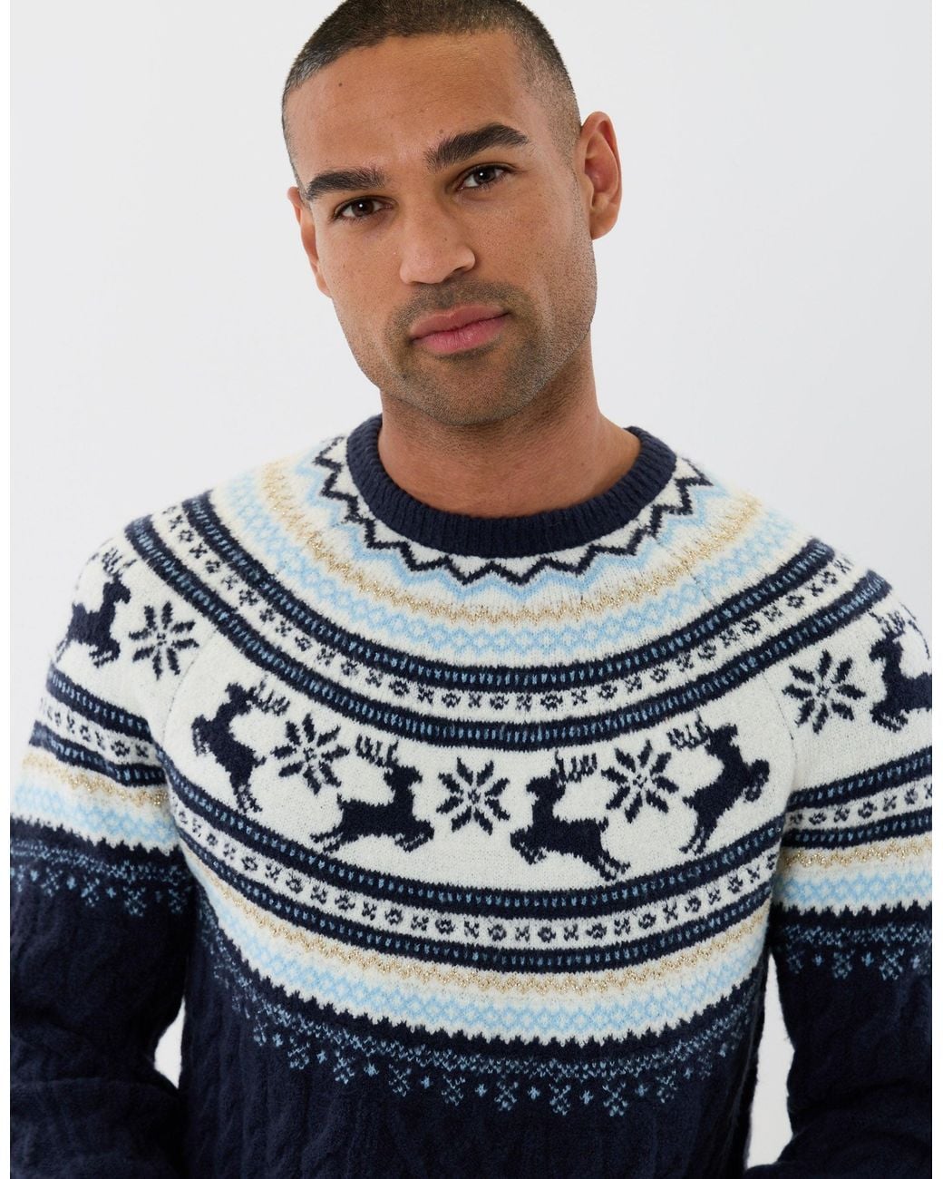 Threadbare Blue Reindeer Fairisle Cable Knit Christmas Jumper for men