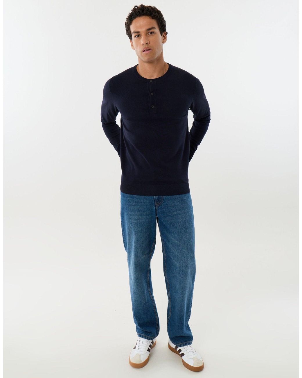 Threadbare Blue Knitted Long Sleeve Button Polo Jumper for men