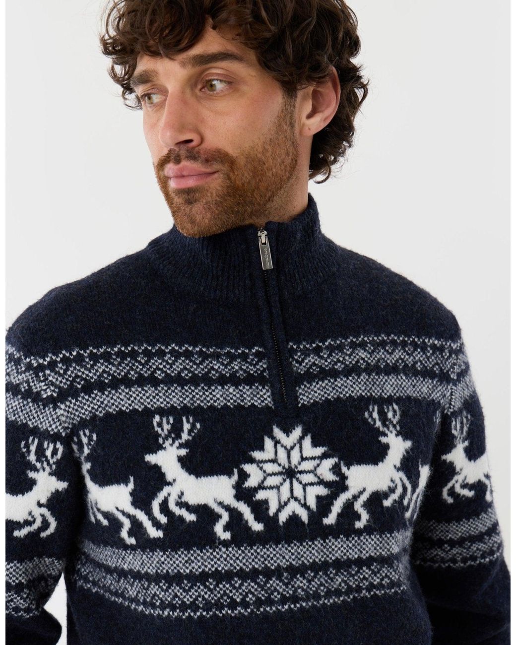 Threadbare Blue Fairisle Knitted Quarter Zip Christmas Jumper for men