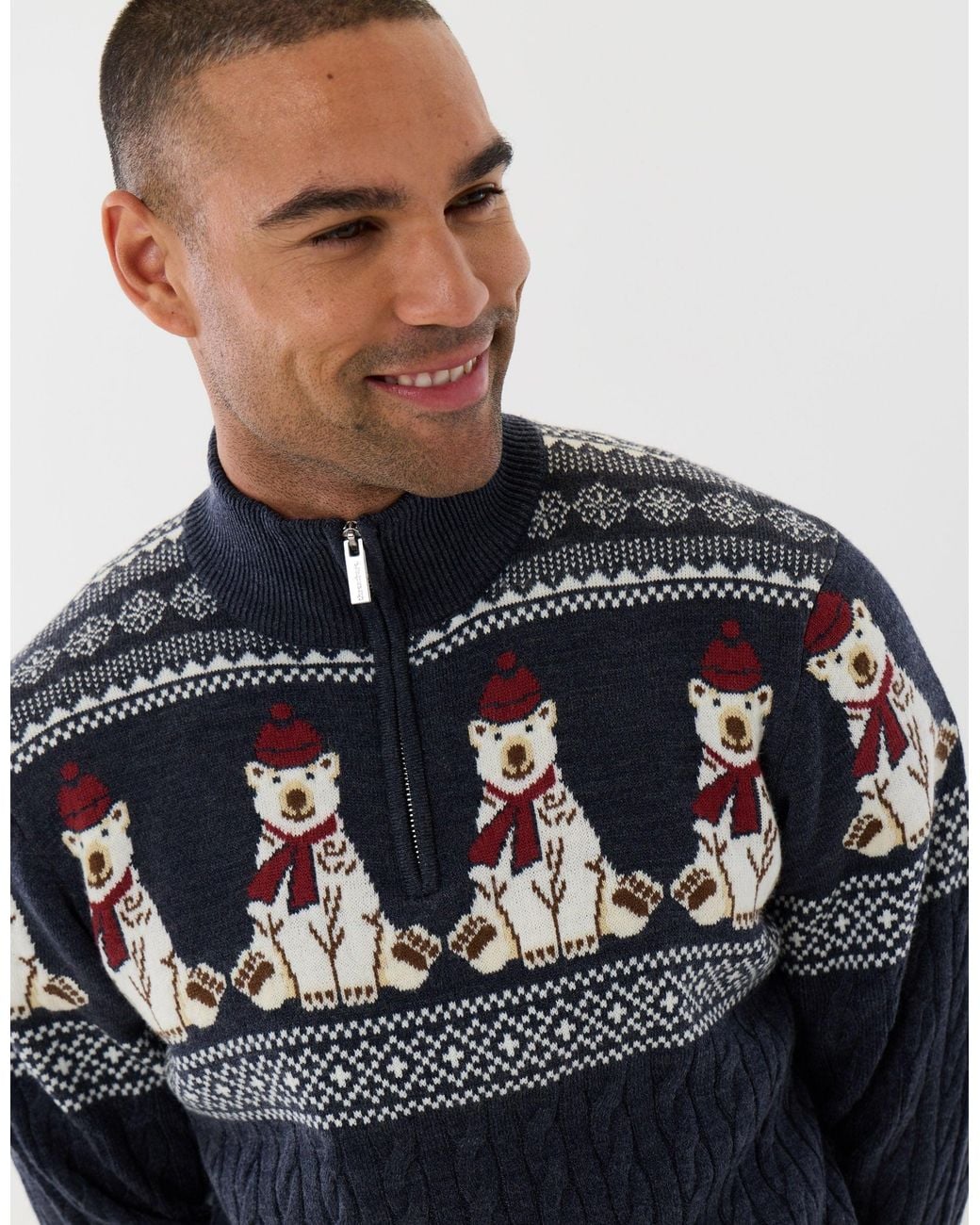 Threadbare Blue Christmas Bear Fairisle Quarter Zip Jumper for men