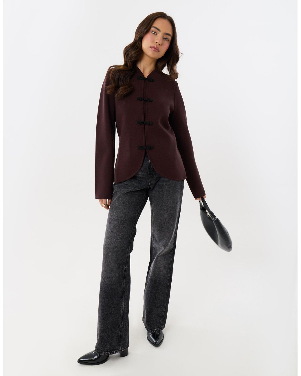 Threadbare Brown Curved Hem Mandarin Style Cardigan