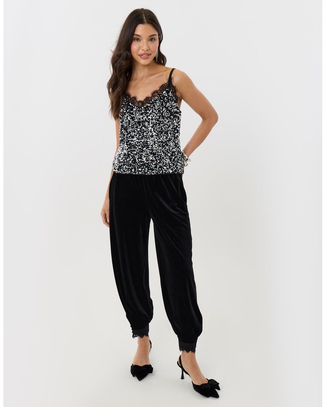 Threadbare Black Velvet Balloon Trousers With Lace Trim Hem