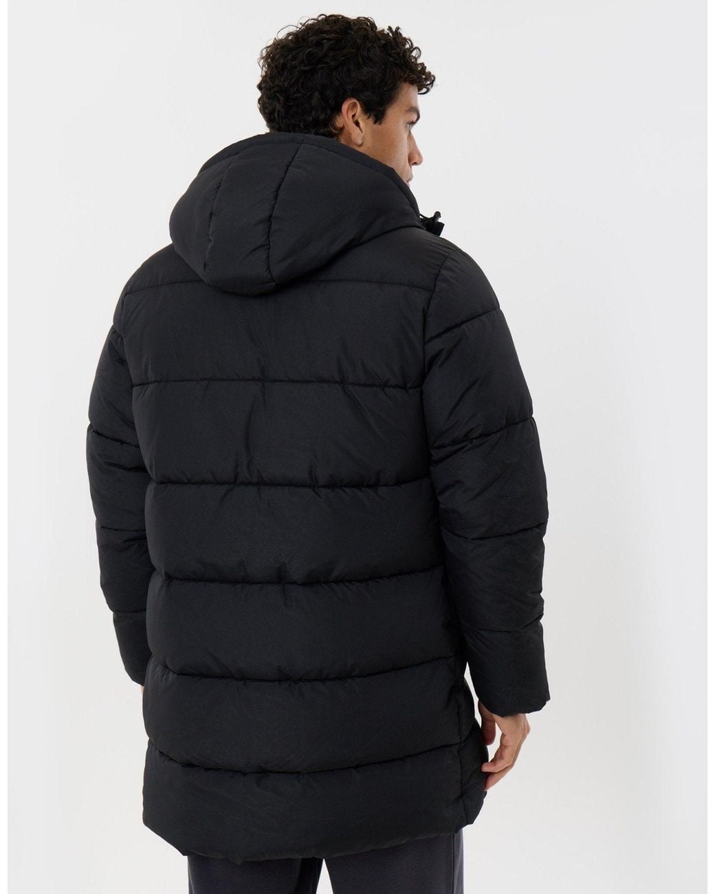 Threadbare Blue Longline Showerproof Puffer Coat With Fleece-Lined Hood for men