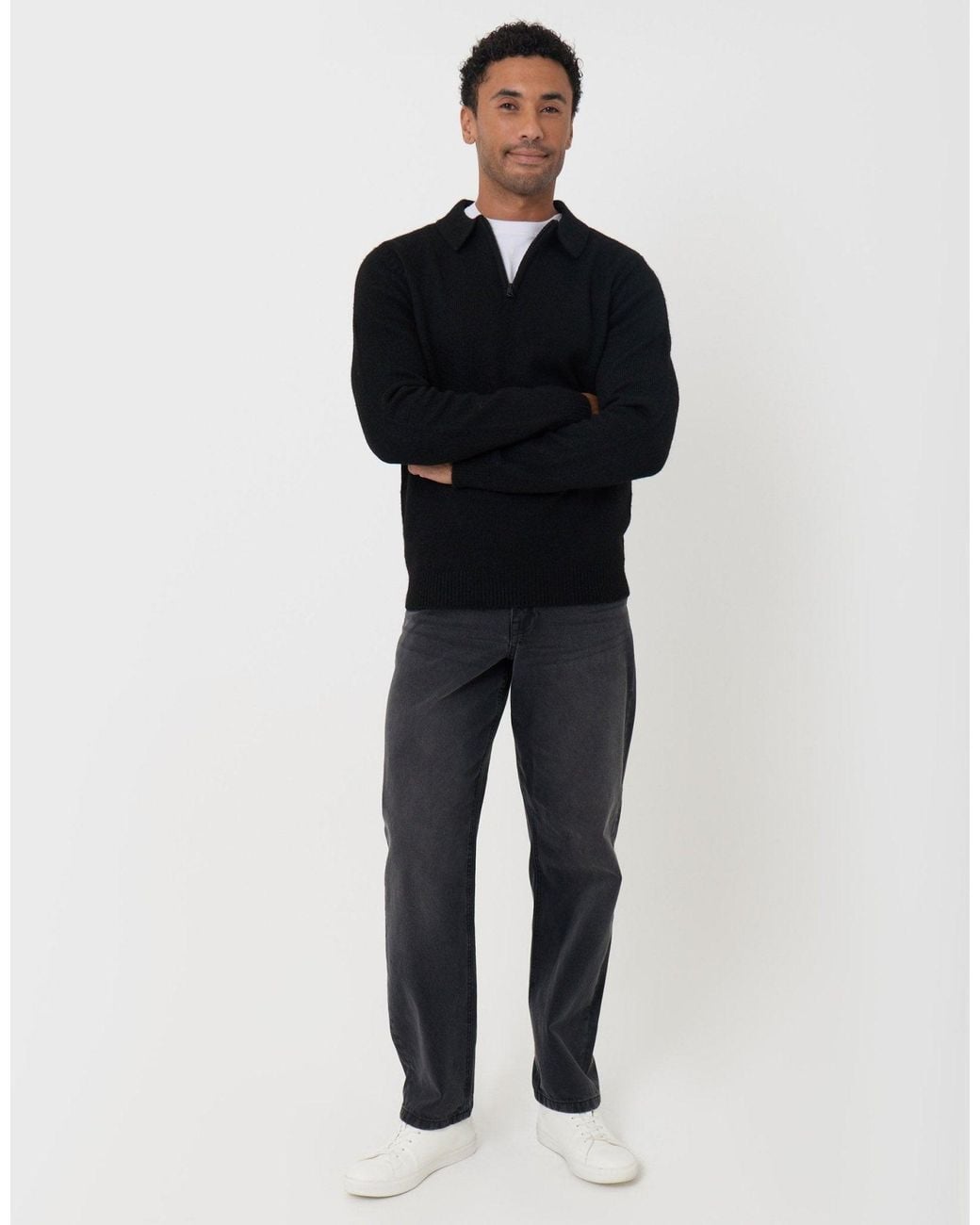 Threadbare Black Faux Wool Quarter Zip Polo for men