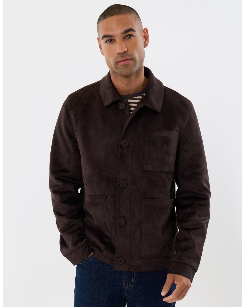 Threadbare Black Faux Suede Button Up Collared Jacket for men