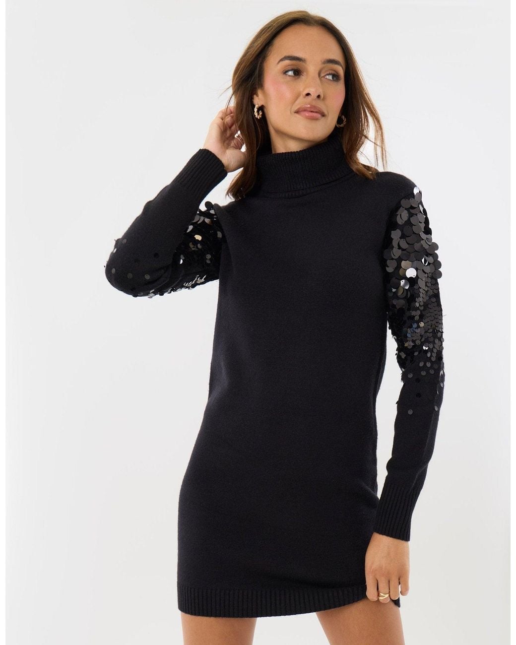 Threadbare Black Funnel Neck Jumper Dress With Sequin Sleeves