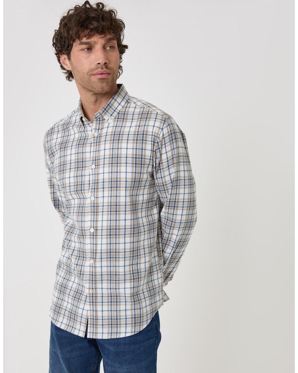 Threadbare White Brushed Cotton Flannel Shirt for men