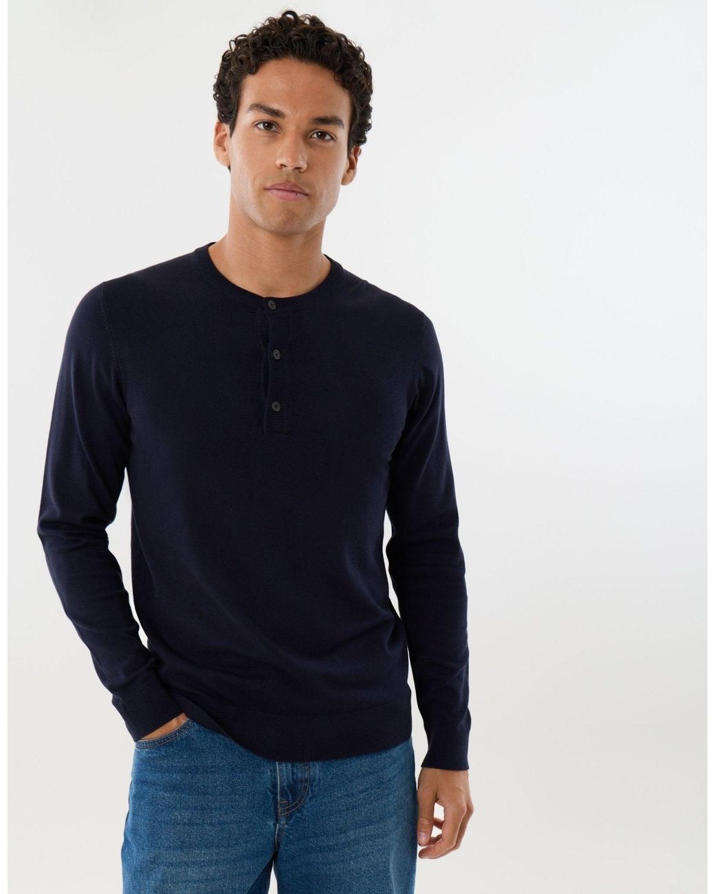 Threadbare Blue Knitted Long Sleeve Button Polo Jumper for men